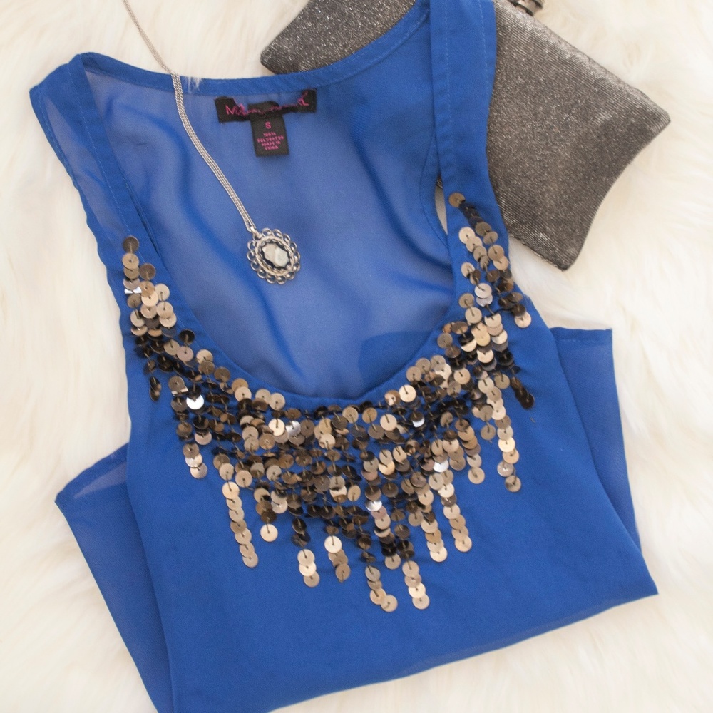 Sheer Cascading Sequin Blue Crop Top